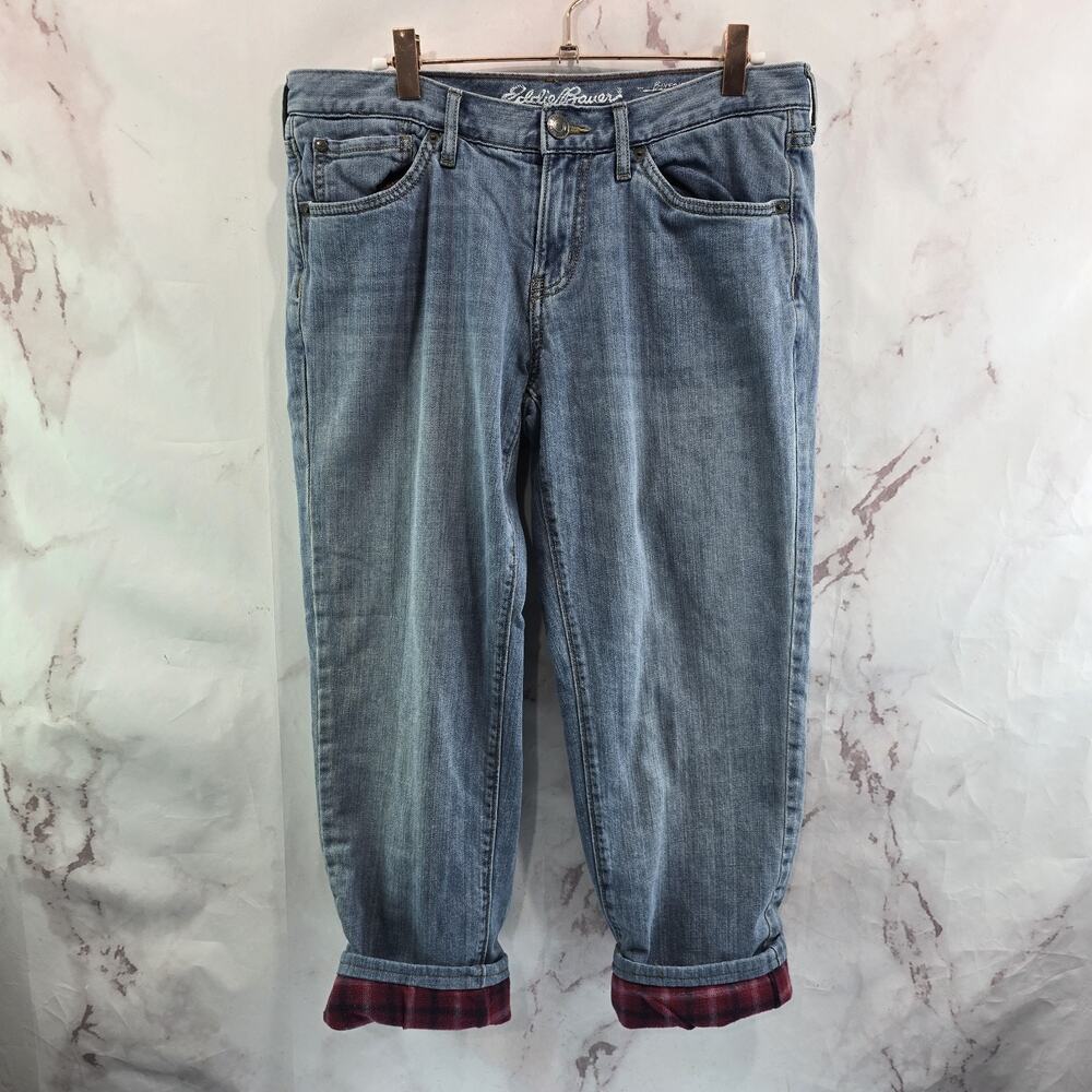 Eddie Bauer Jeans Womens 6 Petite Flannel Lined Red Plaid Light Wash Rise Denim